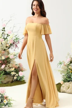 A Line Fora do Ombro Amarelo Vestido de Dama de Honor