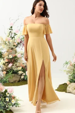 A Line Fora do Ombro Amarelo Vestido de Dama de Honor