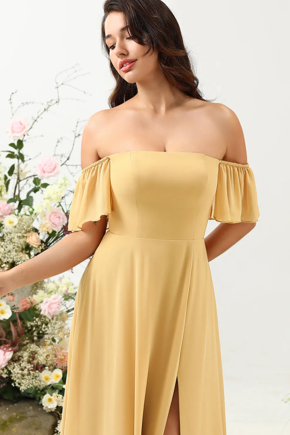 A Line Fora do Ombro Amarelo Vestido de Dama de Honor