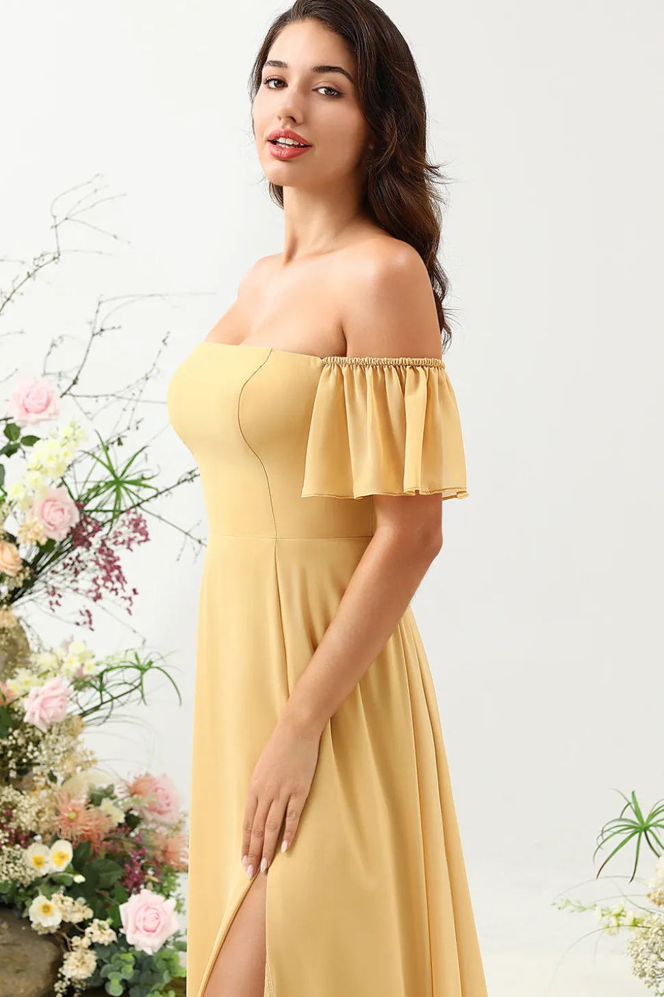 A Line Fora do Ombro Amarelo Vestido de Dama de Honor