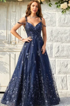 A Line Fora do Ombro Azul Marinho Vestido de Baile Com Apliques
