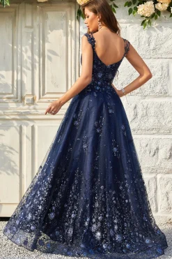 A Line Fora do Ombro Azul Marinho Vestido de Baile Com Apliques