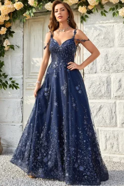 A Line Fora do Ombro Azul Marinho Vestido de Baile Com Apliques
