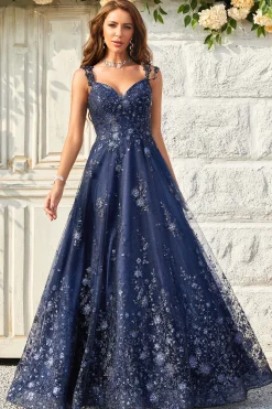 A Line Fora do Ombro Azul Marinho Vestido de Baile Com Apliques