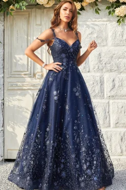 A Line Fora do Ombro Azul Marinho Vestido de Baile Com Apliques