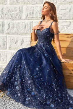 A Line Fora do Ombro Azul Marinho Vestido de Baile Com Apliques