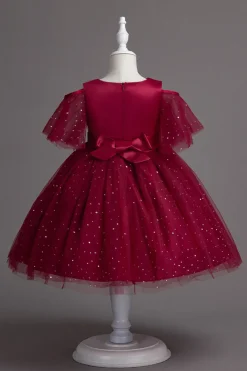 A Line Fora do Ombro Borgonha Vestido de Menina Tule