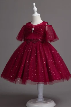 A Line Fora do Ombro Borgonha Vestido de Menina Tule