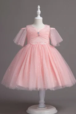 A Line Fora do Ombro Borgonha Vestido de Menina Tule