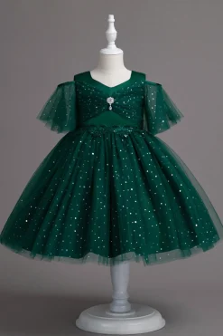A Line Fora do Ombro Borgonha Vestido de Menina Tule