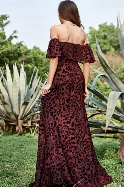 A Line Fora do Ombro Borgonha Vestido de Festa Com Cinto