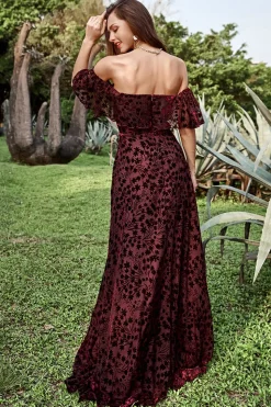 A Line Fora do Ombro Borgonha Vestido de Festa Com Cinto
