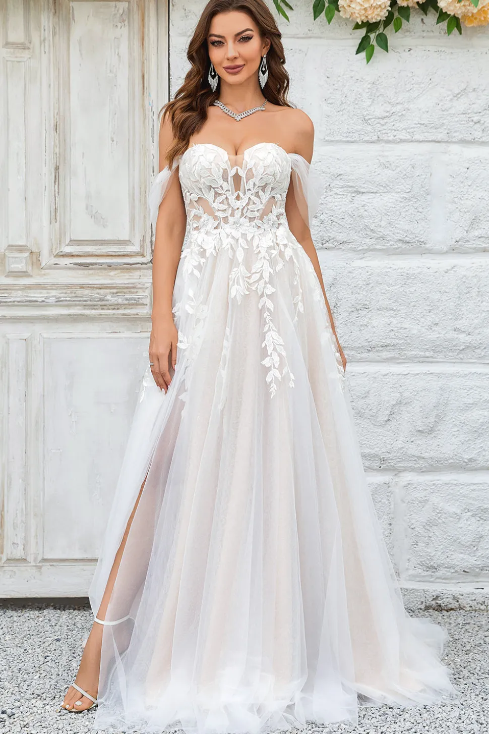 A Line Fora do Ombro Marfim Tule Vestido de Noiva