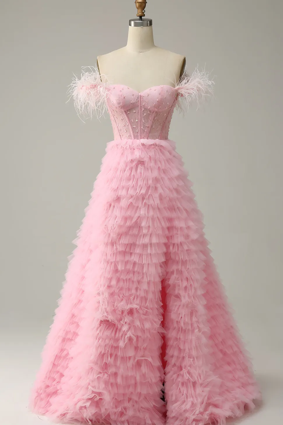 A Line Fora do Ombro Rosa Vestido Cerimónia Com Penas