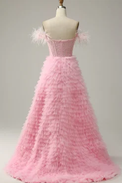 A Line Fora do Ombro Rosa Vestido Cerimónia Com Penas