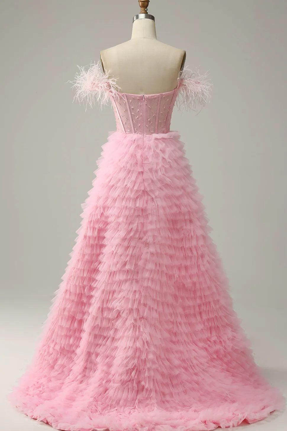 A Line Fora do Ombro Rosa Vestido Cerimónia Com Penas