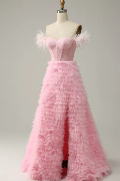 A Line Fora do Ombro Rosa Vestido Cerimónia Com Penas