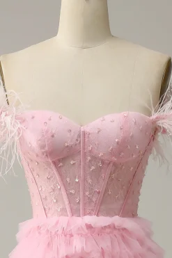 A Line Fora do Ombro Rosa Vestido Cerimónia Com Penas