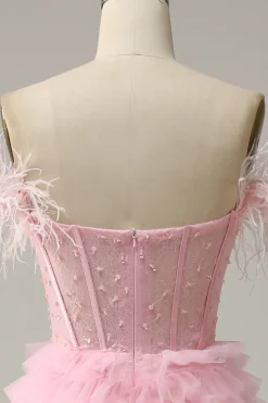 A Line Fora do Ombro Rosa Vestido Cerimónia Com Penas