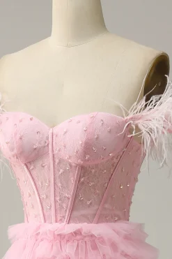 A Line Fora do Ombro Rosa Vestido Cerimónia Com Penas