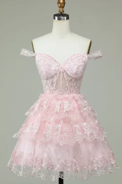 A Line Fora do Ombro Rosa Vestido de Cocktail