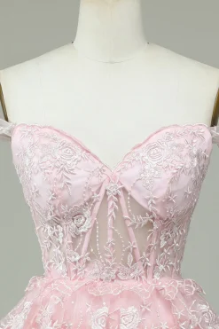 A Line Fora do Ombro Rosa Vestido de Cocktail