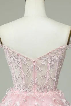A Line Fora do Ombro Rosa Vestido de Cocktail