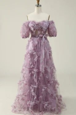 A Line Fora do Ombro Roxo Vestido de Baile