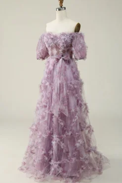 A Line Fora do Ombro Roxo Vestido de Baile