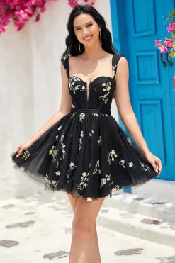 A Line Fuera del Hombro Preto Vestido de Cocktail