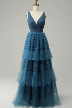 A Line Gola em V Azul Vestido de Festa Com Costas Abertas