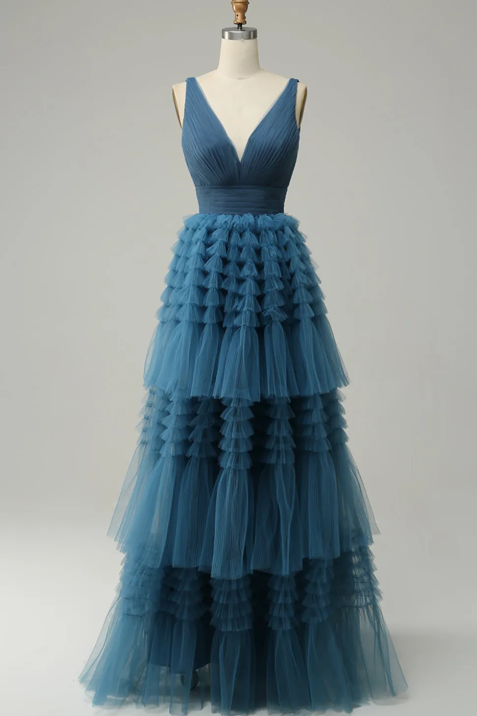 A Line Gola em V Azul Vestido de Festa Com Costas Abertas