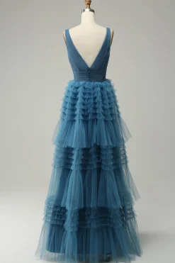 A Line Gola em V Azul Vestido de Festa Com Costas Abertas