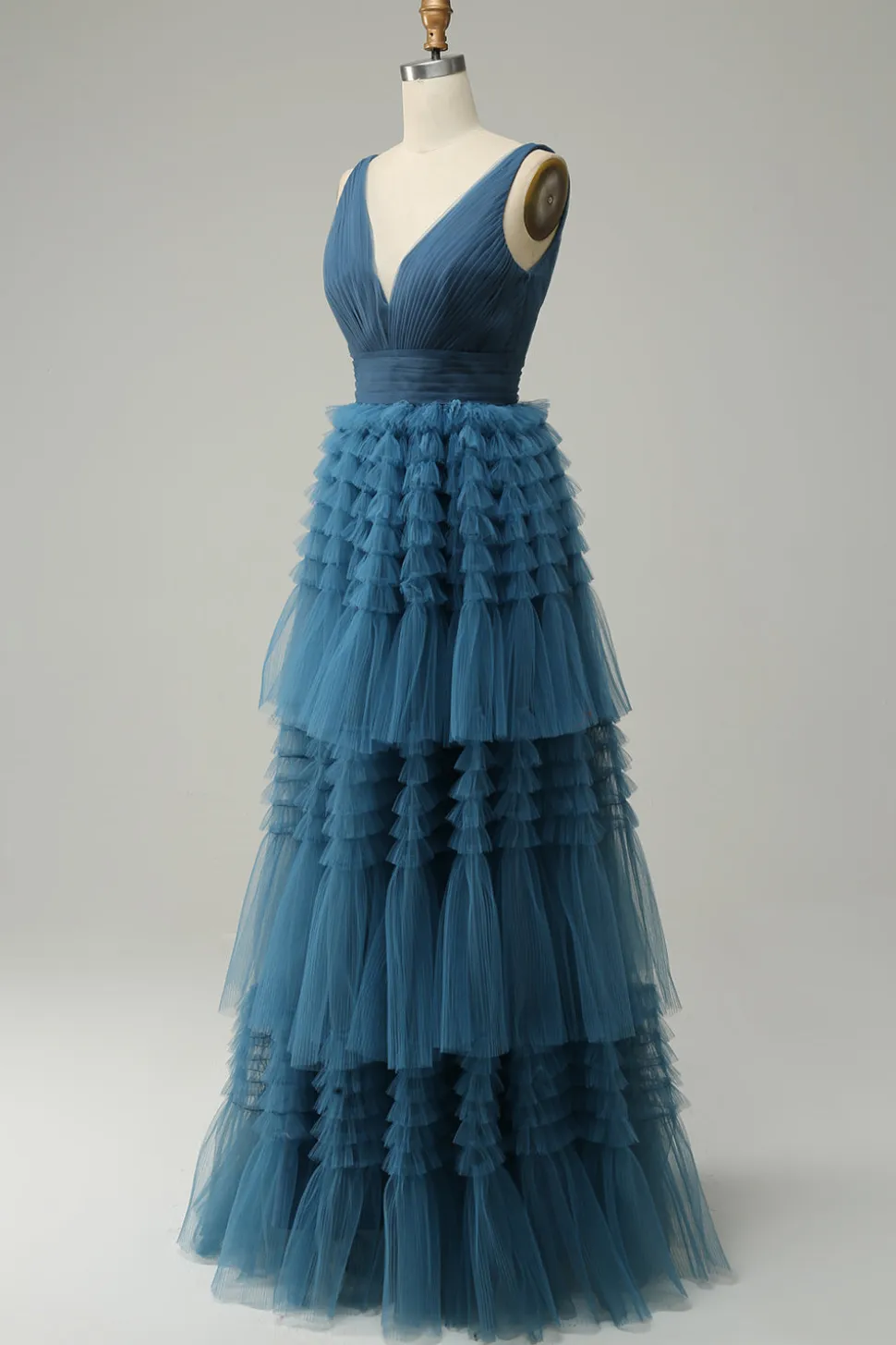 A Line Gola em V Azul Vestido de Festa Com Costas Abertas