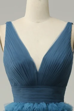 A Line Gola em V Azul Vestido de Festa Com Costas Abertas