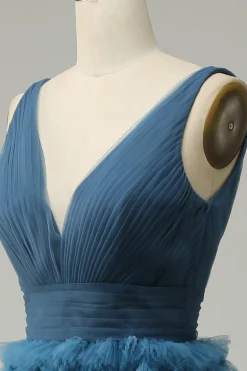 A Line Gola em V Azul Vestido de Festa Com Costas Abertas