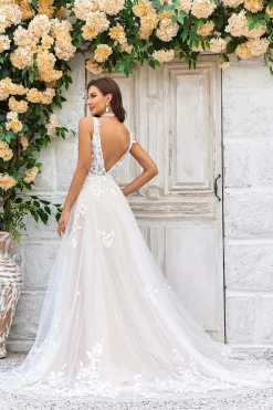 A Line Gola em V Champagne Tule Vestido de Noiva com Renda