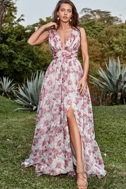 A Line Gola em V Cinza e Rosa Floral Vestido de Festa