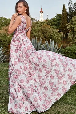 A Line Gola em V Cinza e Rosa Floral Vestido de Festa