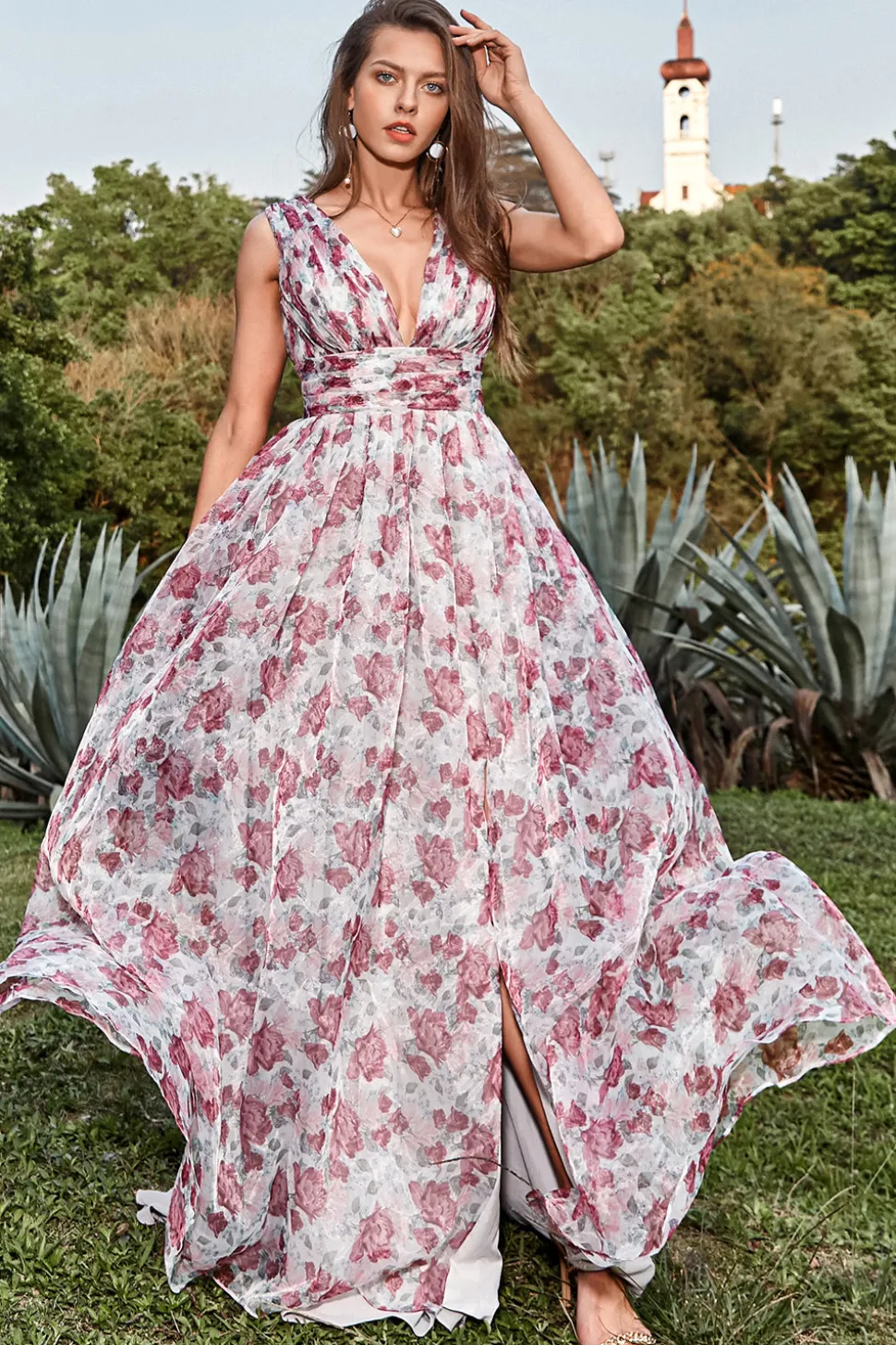 A Line Gola em V Cinza e Rosa Floral Vestido de Festa
