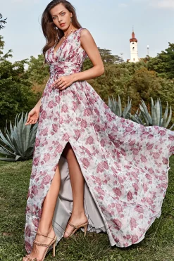 A Line Gola em V Cinza e Rosa Floral Vestido de Festa