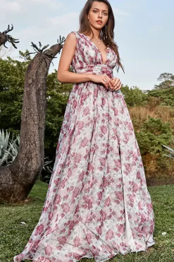 A Line Gola em V Cinza e Rosa Floral Vestido de Festa