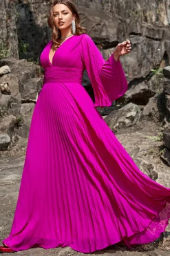 A Line Gola em V Fuchsia Vestido de Festa