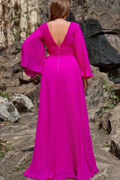 A Line Gola em V Fuchsia Vestido de Festa