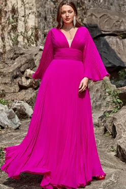 A Line Gola em V Fuchsia Vestido de Festa