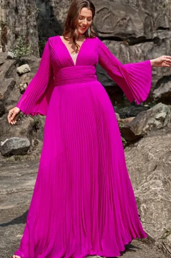 A Line Gola em V Fuchsia Vestido de Festa