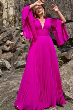A Line Gola em V Fuchsia Vestido de Festa