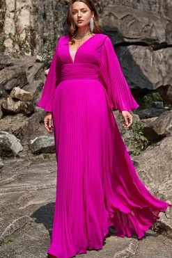 A Line Gola em V Fuchsia Vestido de Festa