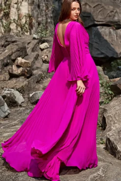 A Line Gola em V Fuchsia Vestido de Festa