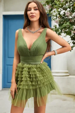A Line Gola em V Verde Vestido Curto de Cocktail com Folhos